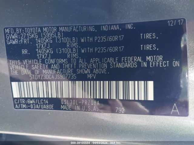 Photo 8 VIN: 5TDYZ3DC4JS907735 - TOYOTA SIENNA 