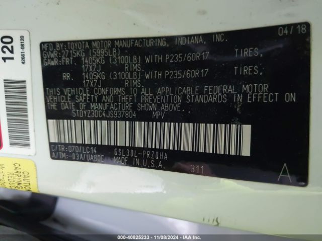 Photo 8 VIN: 5TDYZ3DC4JS937804 - TOYOTA SIENNA 