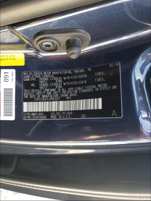 Photo 9 VIN: 5TDYZ3DC4JS951427 - TOYOTA SIENNA XLE 