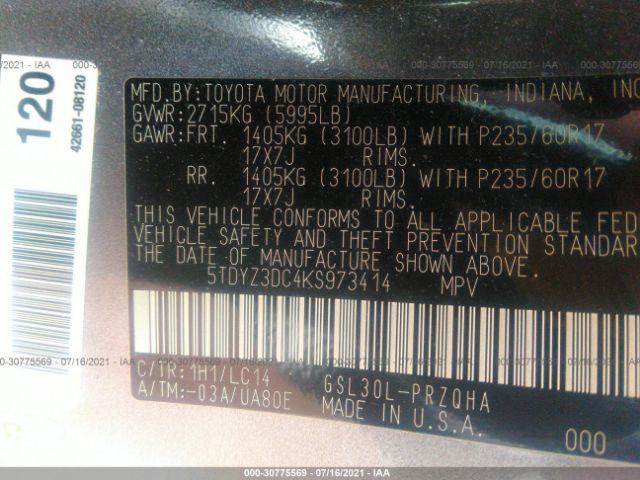 Photo 8 VIN: 5TDYZ3DC4KS973414 - TOYOTA SIENNA 