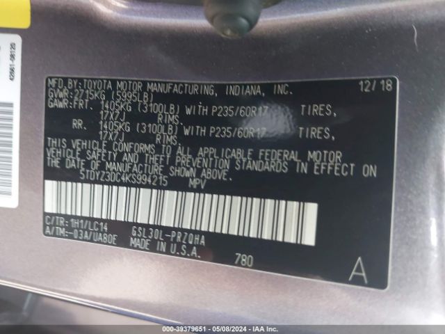 Photo 8 VIN: 5TDYZ3DC4KS994215 - TOYOTA SIENNA 