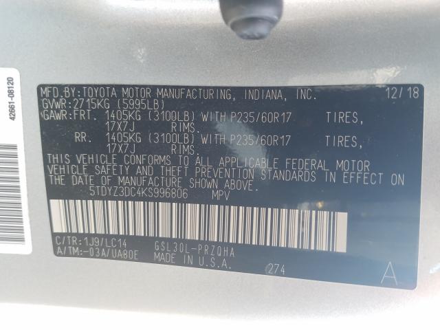 Photo 9 VIN: 5TDYZ3DC4KS996806 - TOYOTA SIENNA XLE 