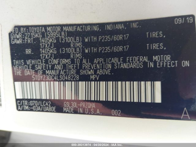 Photo 8 VIN: 5TDYZ3DC4LS048228 - TOYOTA SIENNA 