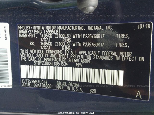 Photo 8 VIN: 5TDYZ3DC4LS051534 - TOYOTA SIENNA 