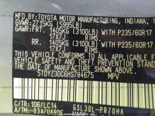 Photo 8 VIN: 5TDYZ3DC6HS784675 - TOYOTA SIENNA 