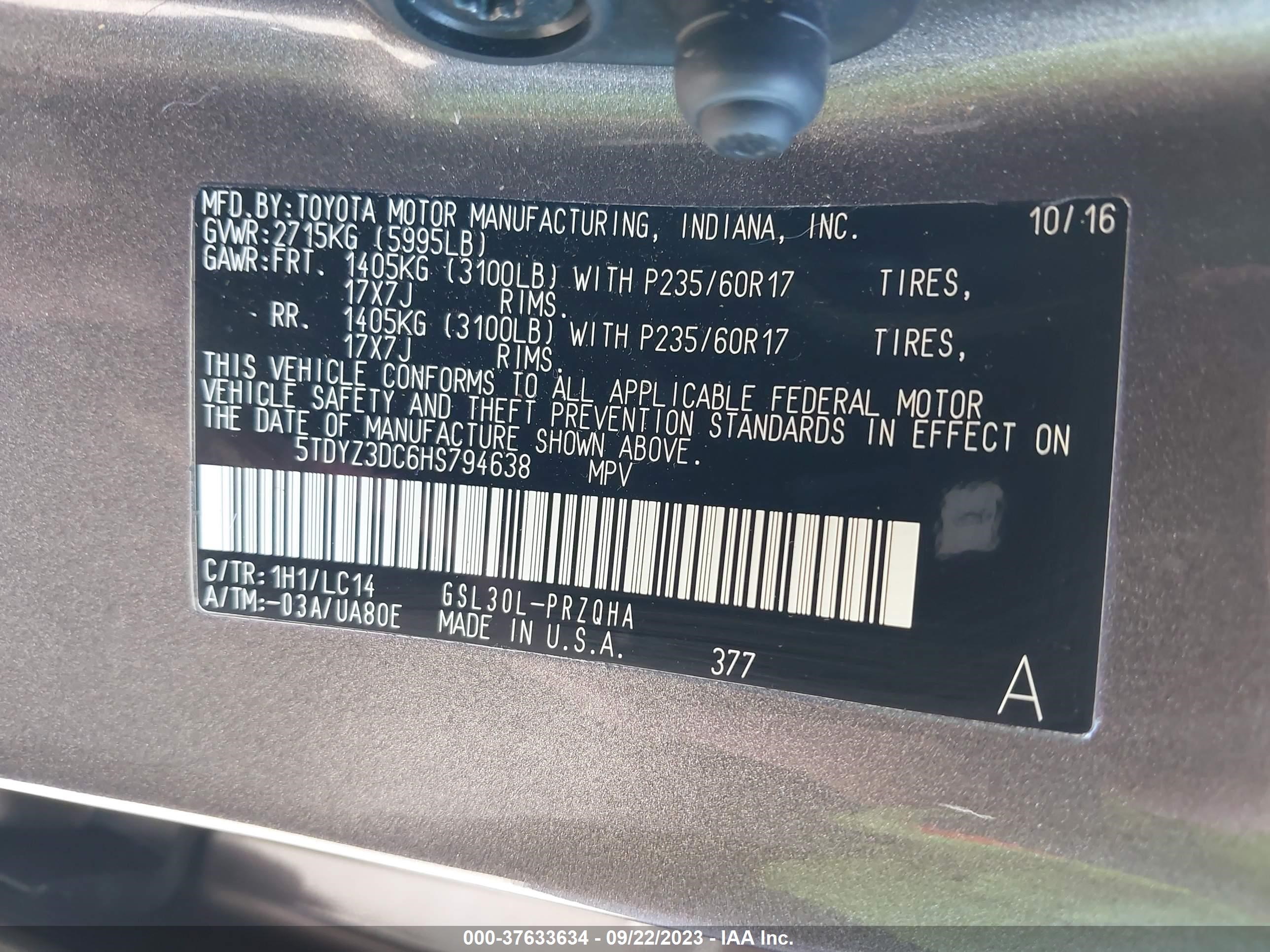 Photo 8 VIN: 5TDYZ3DC6HS794638 - TOYOTA SIENNA 