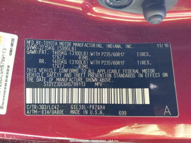 Photo 8 VIN: 5TDYZ3DC6HS799113 - TOYOTA SIENNA 