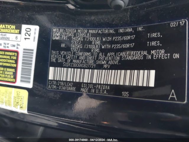 Photo 8 VIN: 5TDYZ3DC6HS827721 - TOYOTA SIENNA 