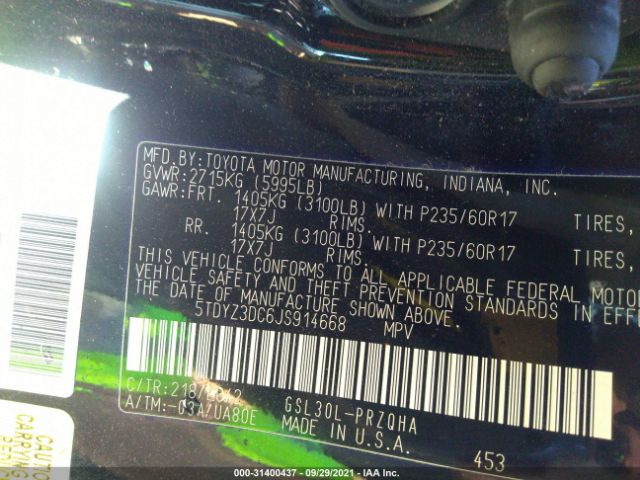 Photo 8 VIN: 5TDYZ3DC6JS914668 - TOYOTA SIENNA 