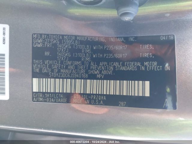 Photo 8 VIN: 5TDYZ3DC6JS940168 - TOYOTA SIENNA 