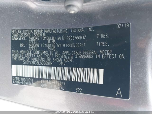 Photo 8 VIN: 5TDYZ3DC6LS036968 - TOYOTA SIENNA 