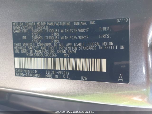 Photo 8 VIN: 5TDYZ3DC6LS038266 - TOYOTA SIENNA 