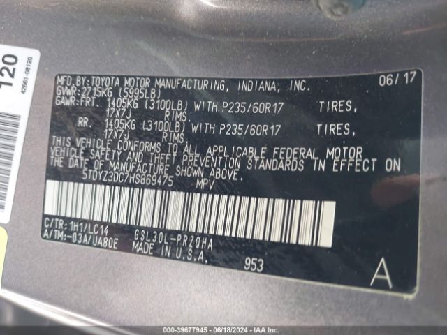 Photo 8 VIN: 5TDYZ3DC7HS869475 - TOYOTA SIENNA 