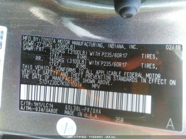 Photo 8 VIN: 5TDYZ3DC7KS010314 - TOYOTA SIENNA 