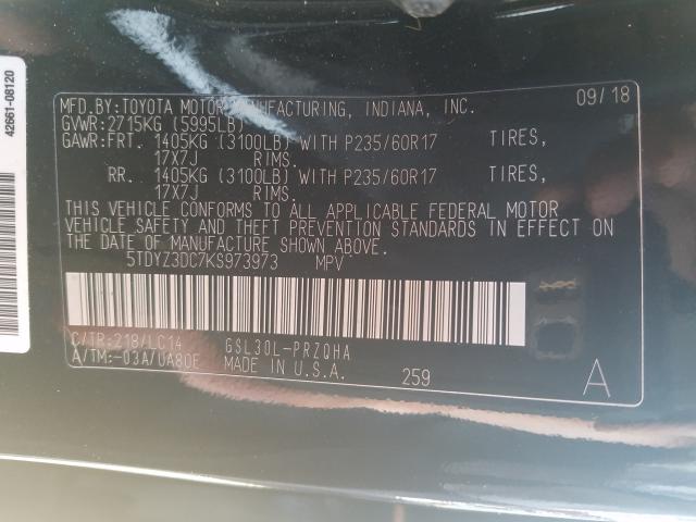 Photo 9 VIN: 5TDYZ3DC7KS973973 - TOYOTA SIENNA XLE 