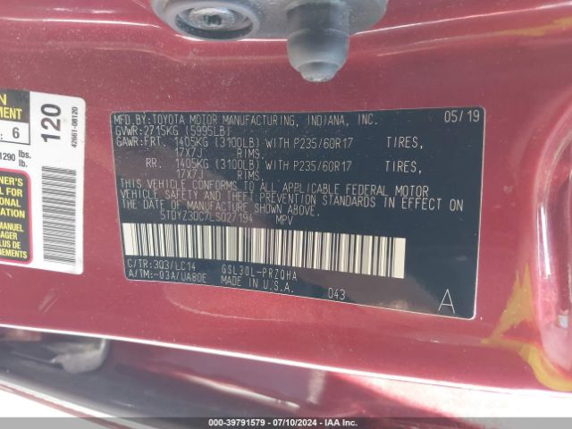 Photo 8 VIN: 5TDYZ3DC7LS027194 - TOYOTA SIENNA 