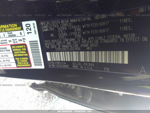 Photo 8 VIN: 5TDYZ3DC7LS031956 - TOYOTA SIENNA 