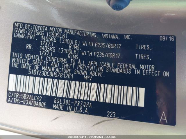 Photo 8 VIN: 5TDYZ3DC8HS781261 - TOYOTA SIENNA 