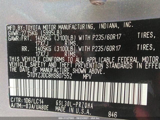 Photo 8 VIN: 5TDYZ3DC8HS807552 - TOYOTA SIENNA 