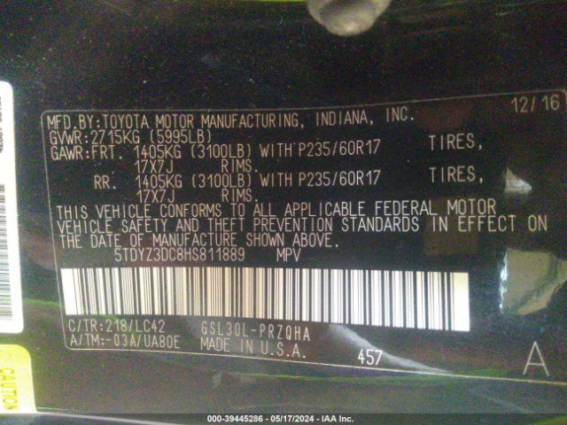 Photo 8 VIN: 5TDYZ3DC8HS811889 - TOYOTA SIENNA 