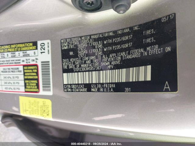 Photo 8 VIN: 5TDYZ3DC8HS857383 - TOYOTA SIENNA 