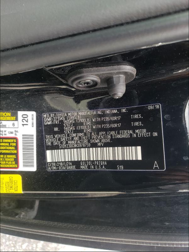 Photo 9 VIN: 5TDYZ3DC8KS978759 - TOYOTA SIENNA XLE 