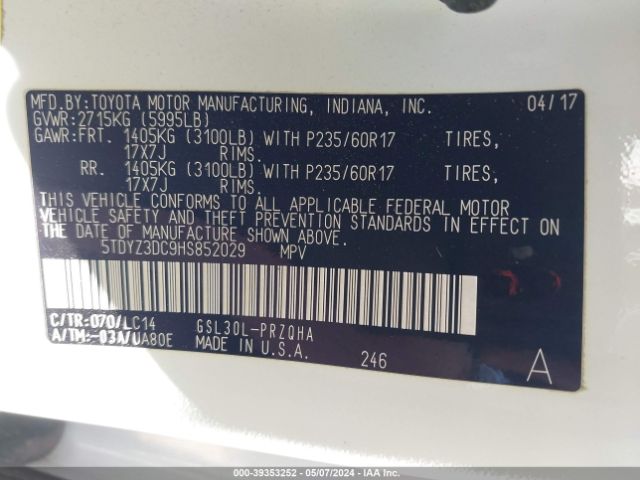 Photo 8 VIN: 5TDYZ3DC9HS852029 - TOYOTA SIENNA 