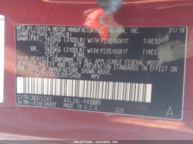 Photo 8 VIN: 5TDYZ3DC9JS915409 - TOYOTA SIENNA 