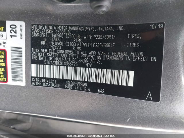 Photo 8 VIN: 5TDYZ3DC9LS055725 - TOYOTA SIENNA 