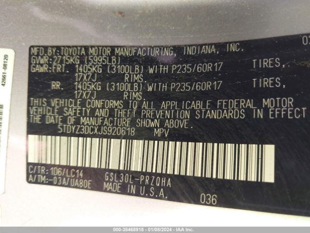 Photo 8 VIN: 5TDYZ3DCXJS920618 - TOYOTA SIENNA 