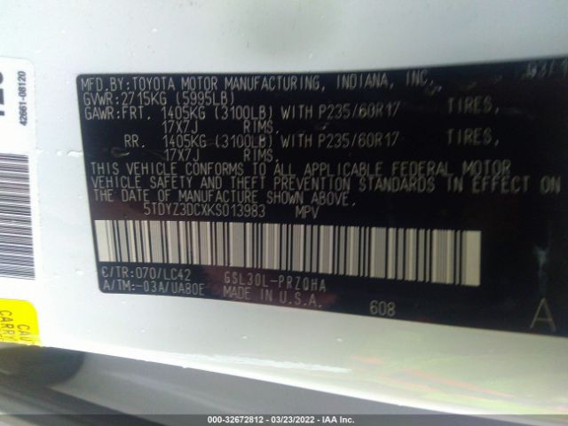 Photo 8 VIN: 5TDYZ3DCXKS013983 - TOYOTA SIENNA 