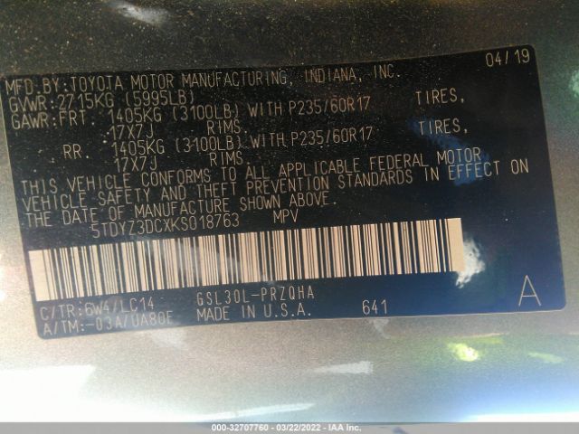 Photo 8 VIN: 5TDYZ3DCXKS018763 - TOYOTA SIENNA 