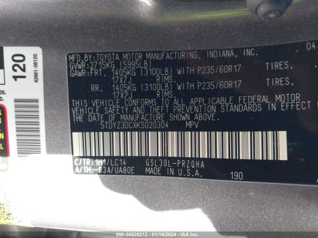 Photo 8 VIN: 5TDYZ3DCXKS020304 - TOYOTA SIENNA 