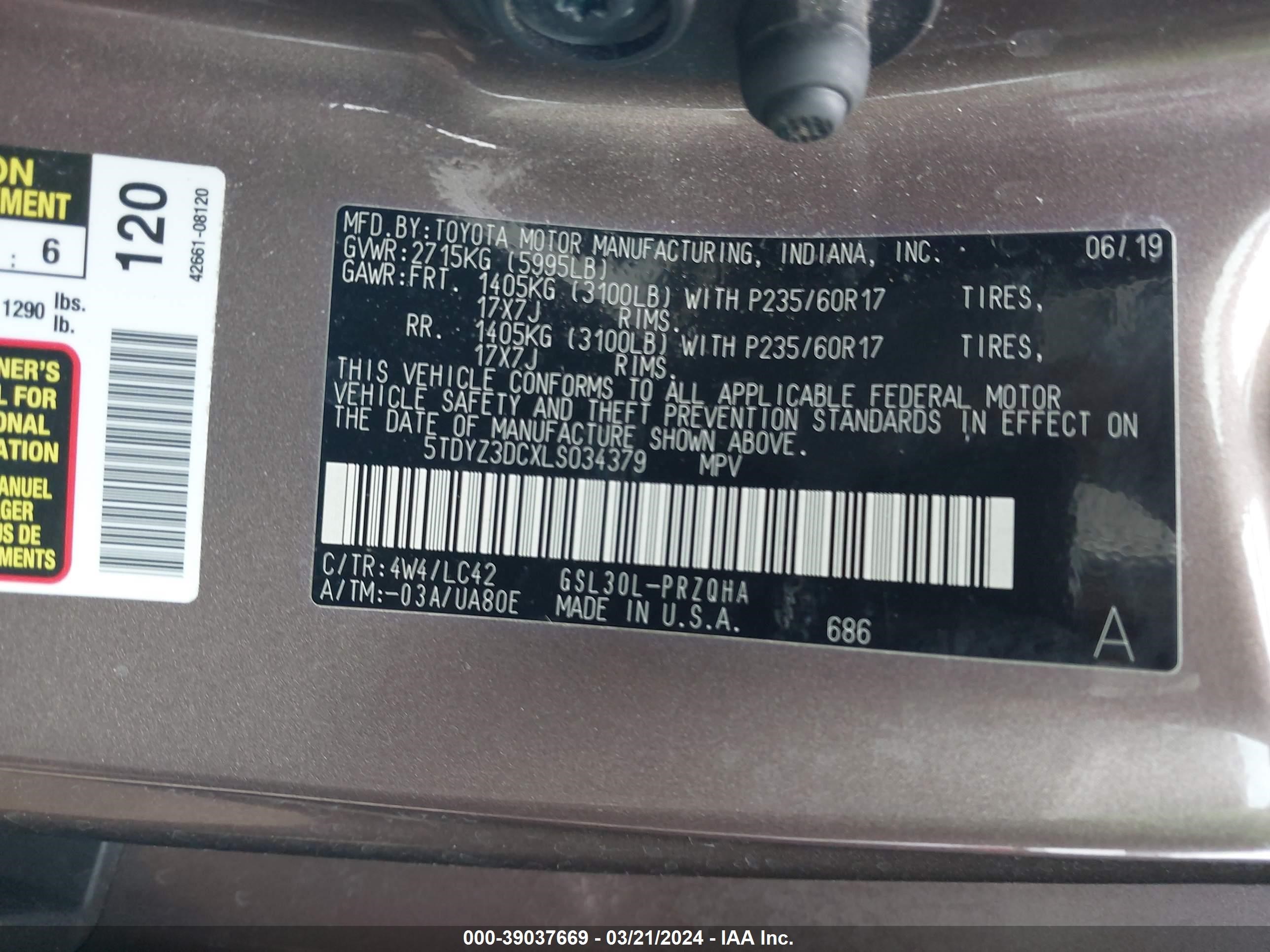 Photo 8 VIN: 5TDYZ3DCXLS034379 - TOYOTA SIENNA 