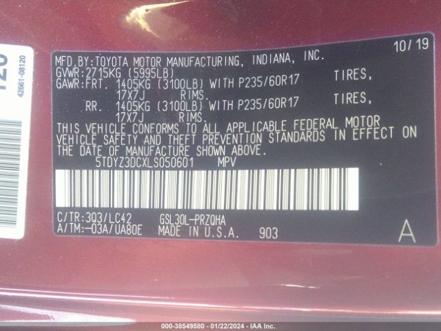 Photo 8 VIN: 5TDYZ3DCXLS050601 - TOYOTA SIENNA 