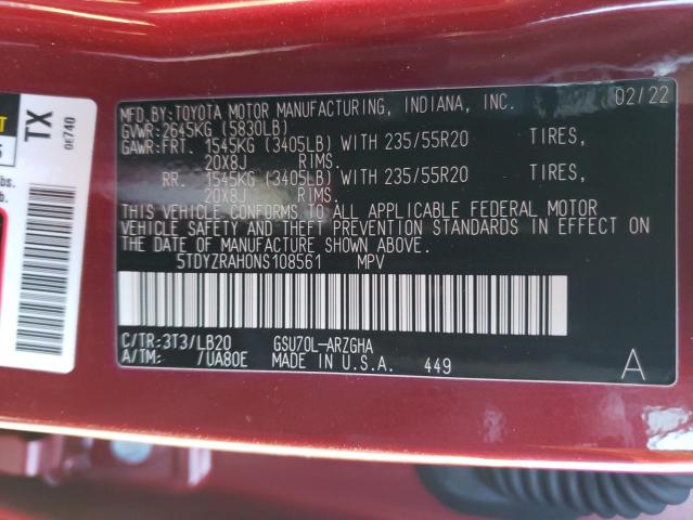 Photo 11 VIN: 5TDYZRAH0NS108561 - TOYOTA HIGHLANDER 