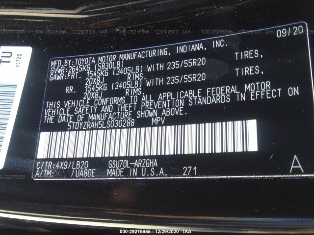 Photo 8 VIN: 5TDYZRAH5LS030288 - TOYOTA HIGHLANDER 