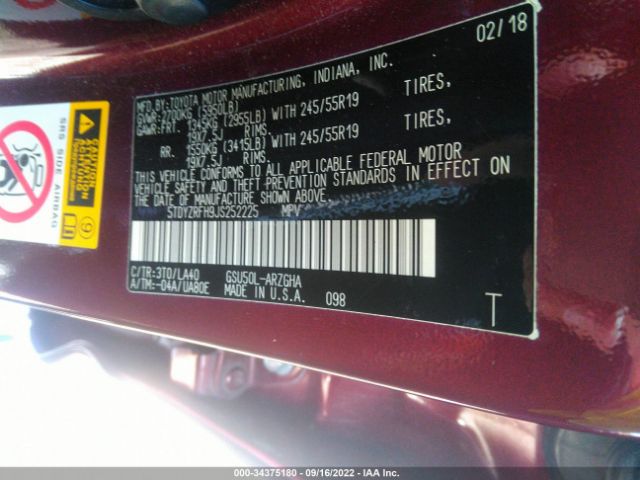 Photo 8 VIN: 5TDYZRFH9JS252225 - TOYOTA HIGHLANDER 