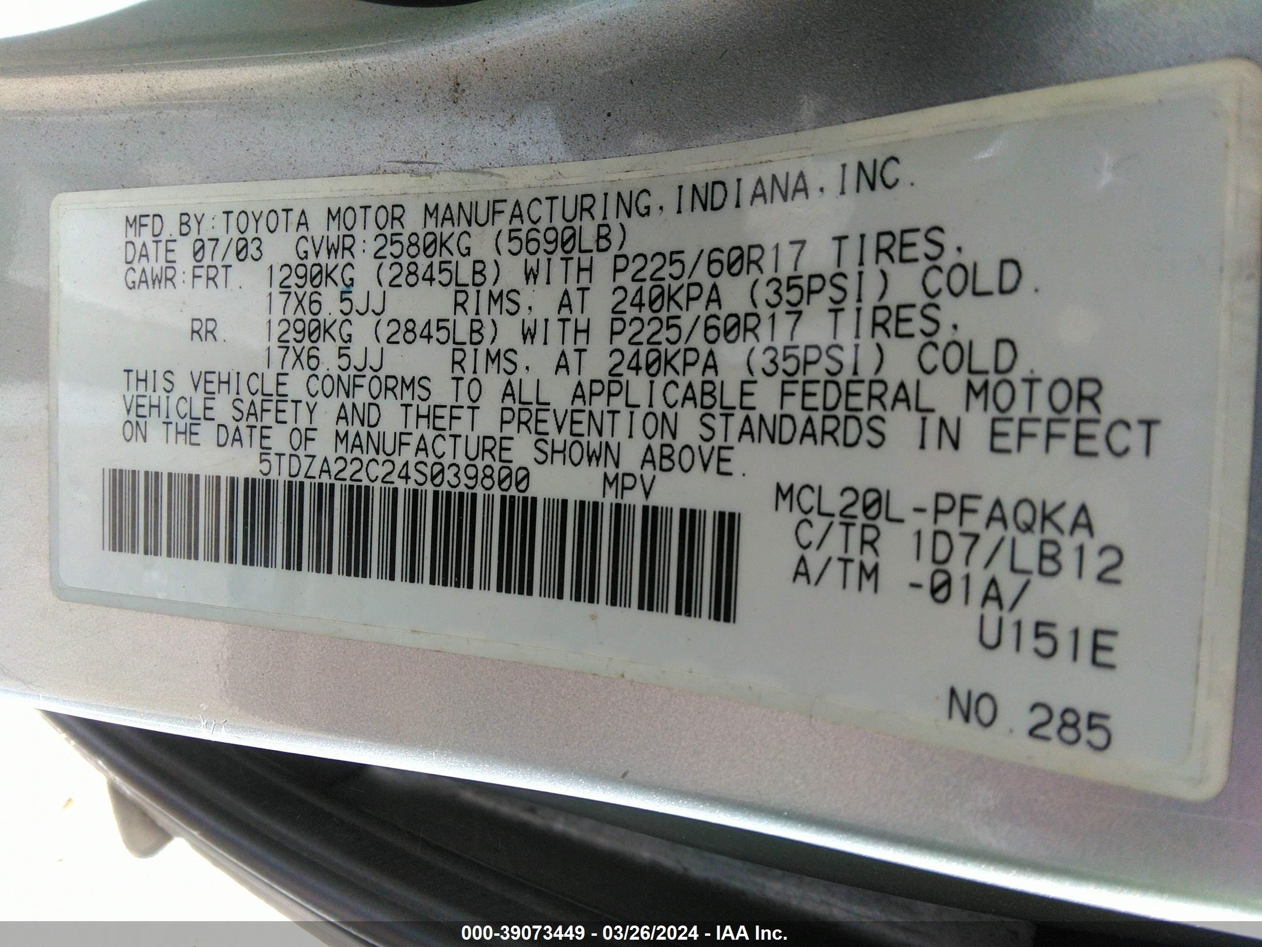 Photo 8 VIN: 5TDZA22C24S039800 - TOYOTA SIENNA 