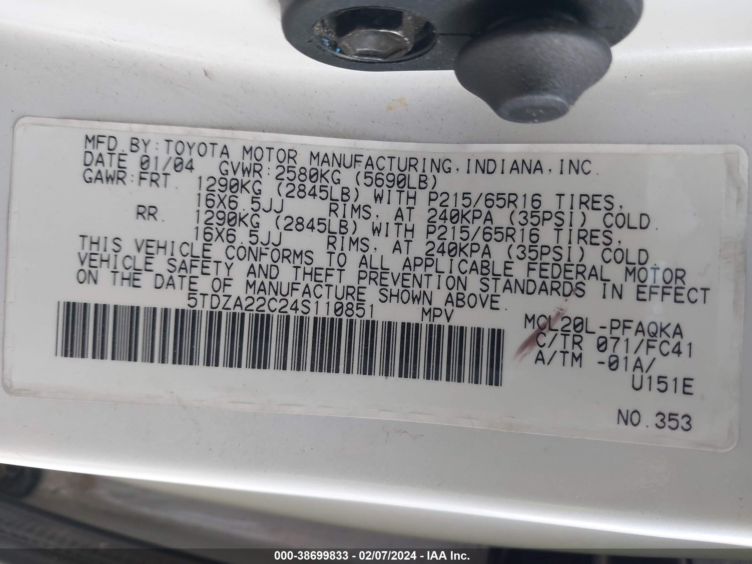 Photo 8 VIN: 5TDZA22C24S110851 - TOYOTA SIENNA 