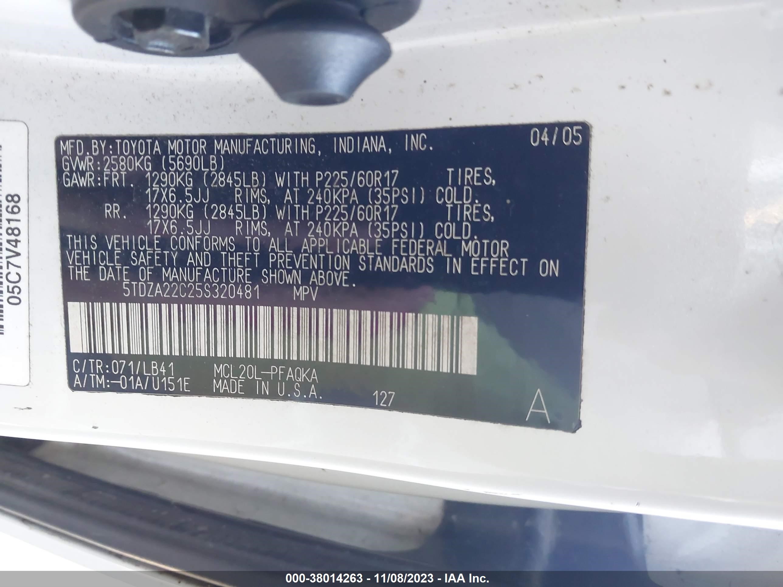 Photo 8 VIN: 5TDZA22C25S320481 - TOYOTA SIENNA 