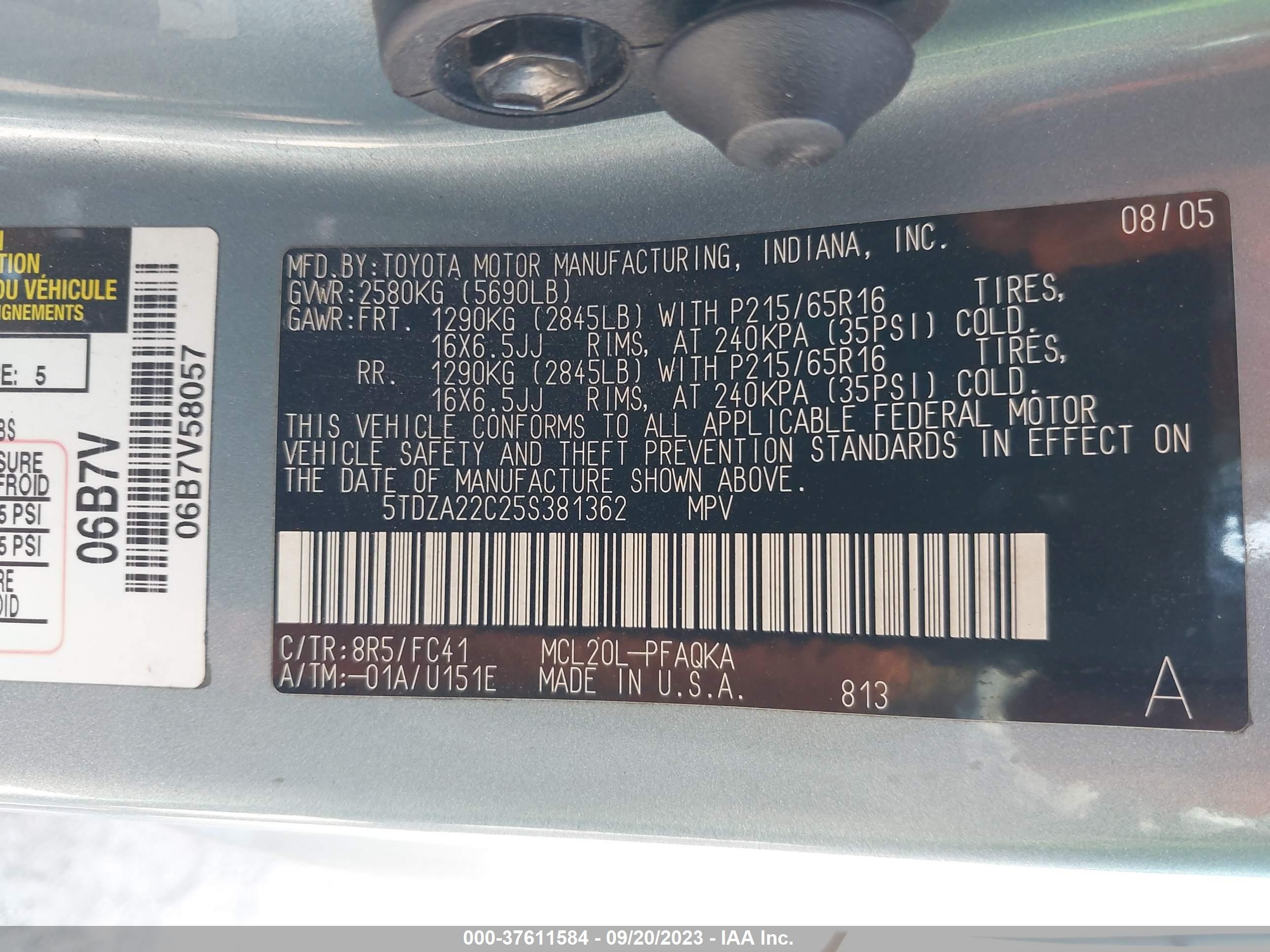 Photo 8 VIN: 5TDZA22C25S381362 - TOYOTA SIENNA 