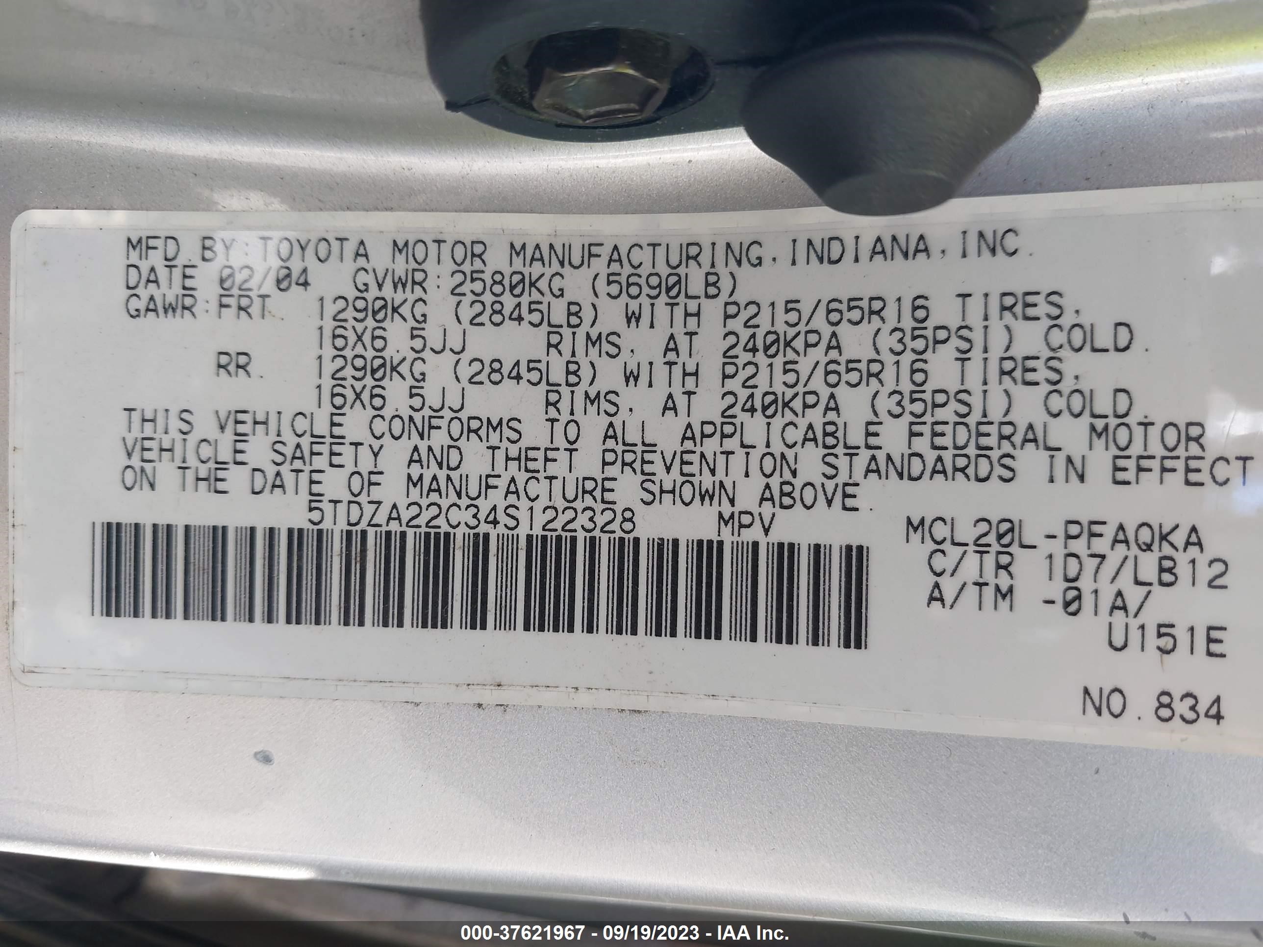 Photo 8 VIN: 5TDZA22C34S122328 - TOYOTA SIENNA 