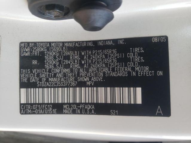 Photo 12 VIN: 5TDZA22C35S377367 - TOYOTA SIENNA XLE 