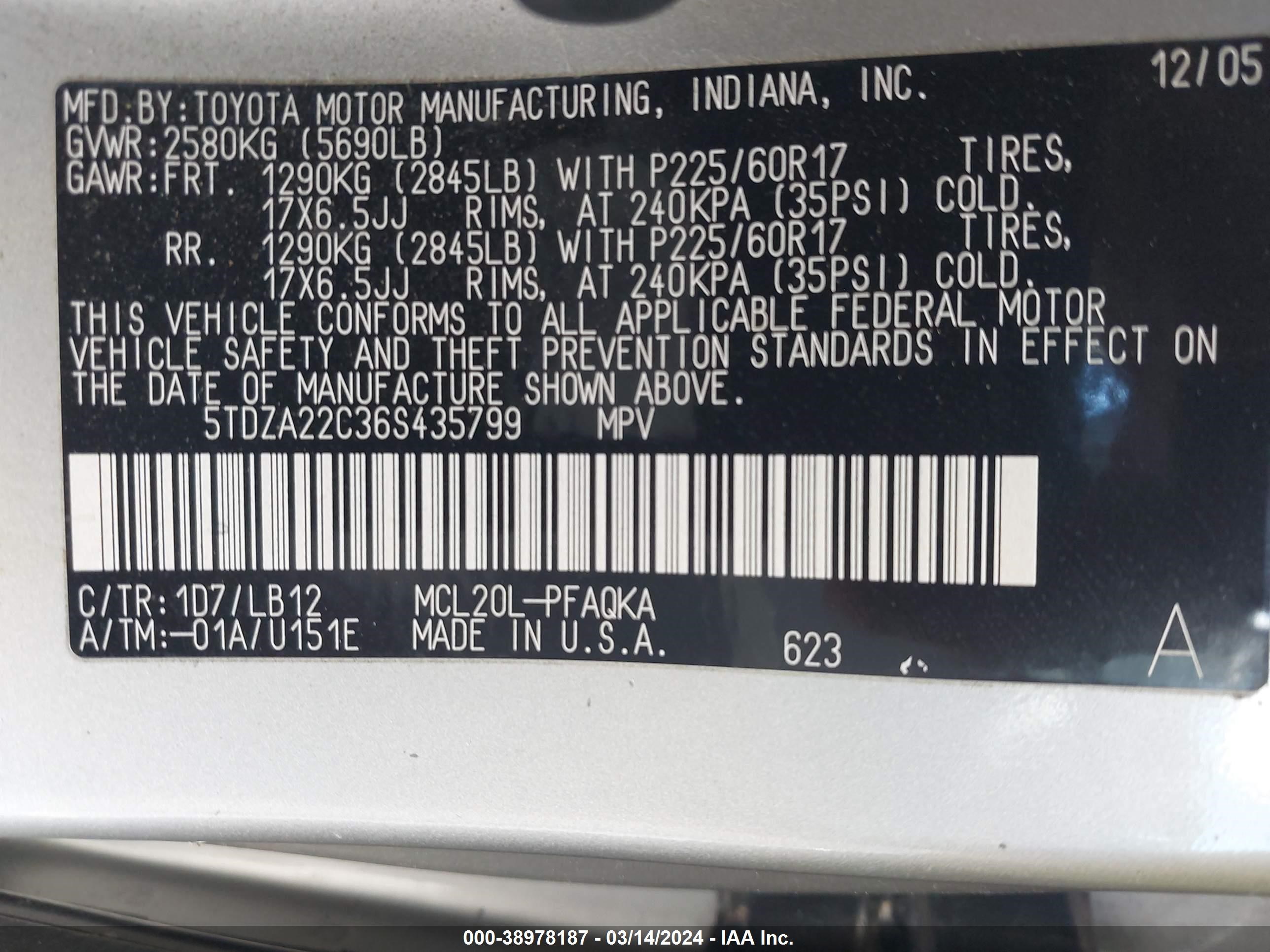 Photo 8 VIN: 5TDZA22C36S435799 - TOYOTA SIENNA 