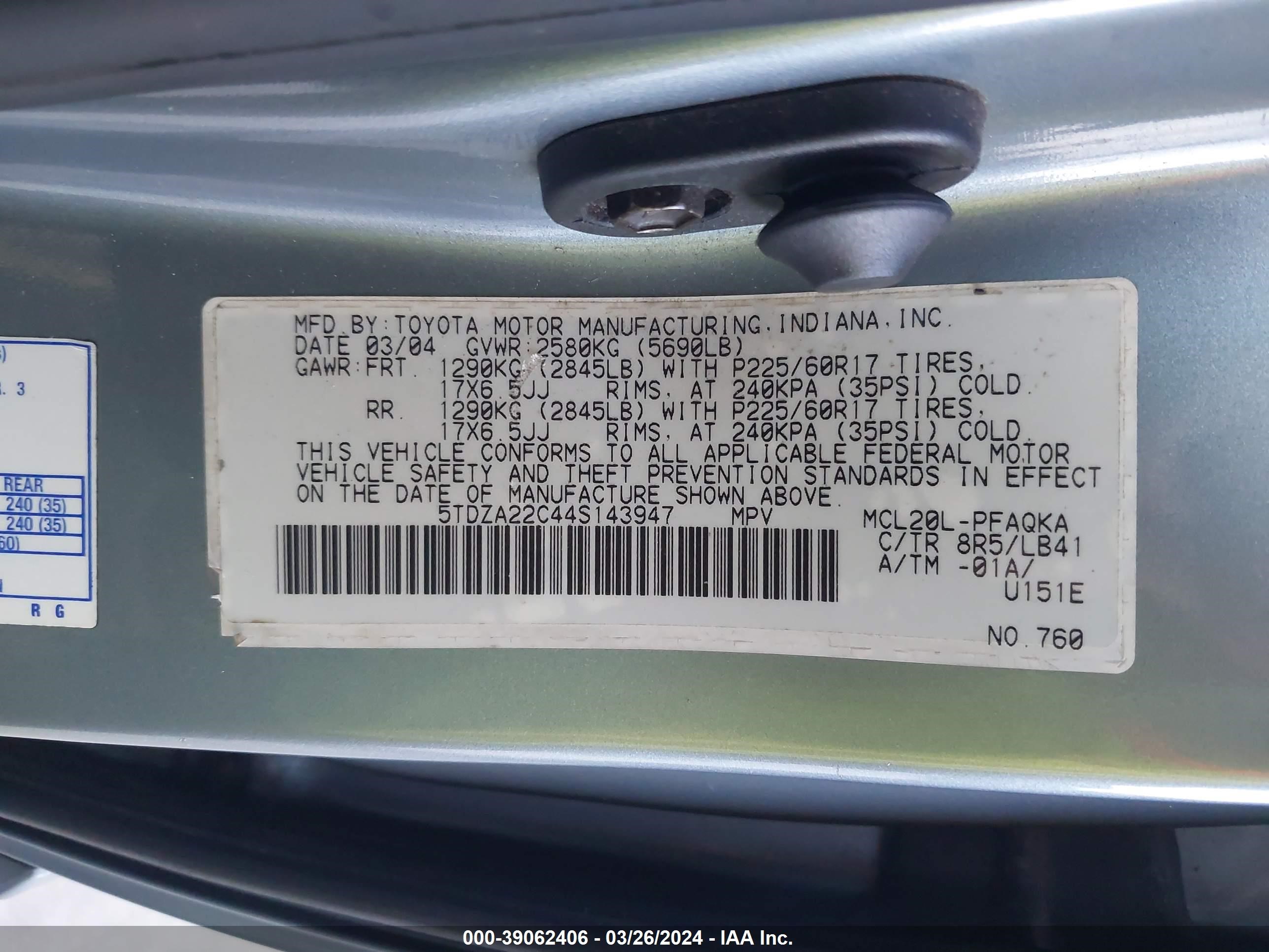 Photo 8 VIN: 5TDZA22C44S143947 - TOYOTA SIENNA 