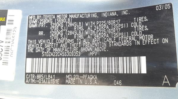 Photo 1 VIN: 5TDZA22C45S309353 - TOYOTA SIENNA 