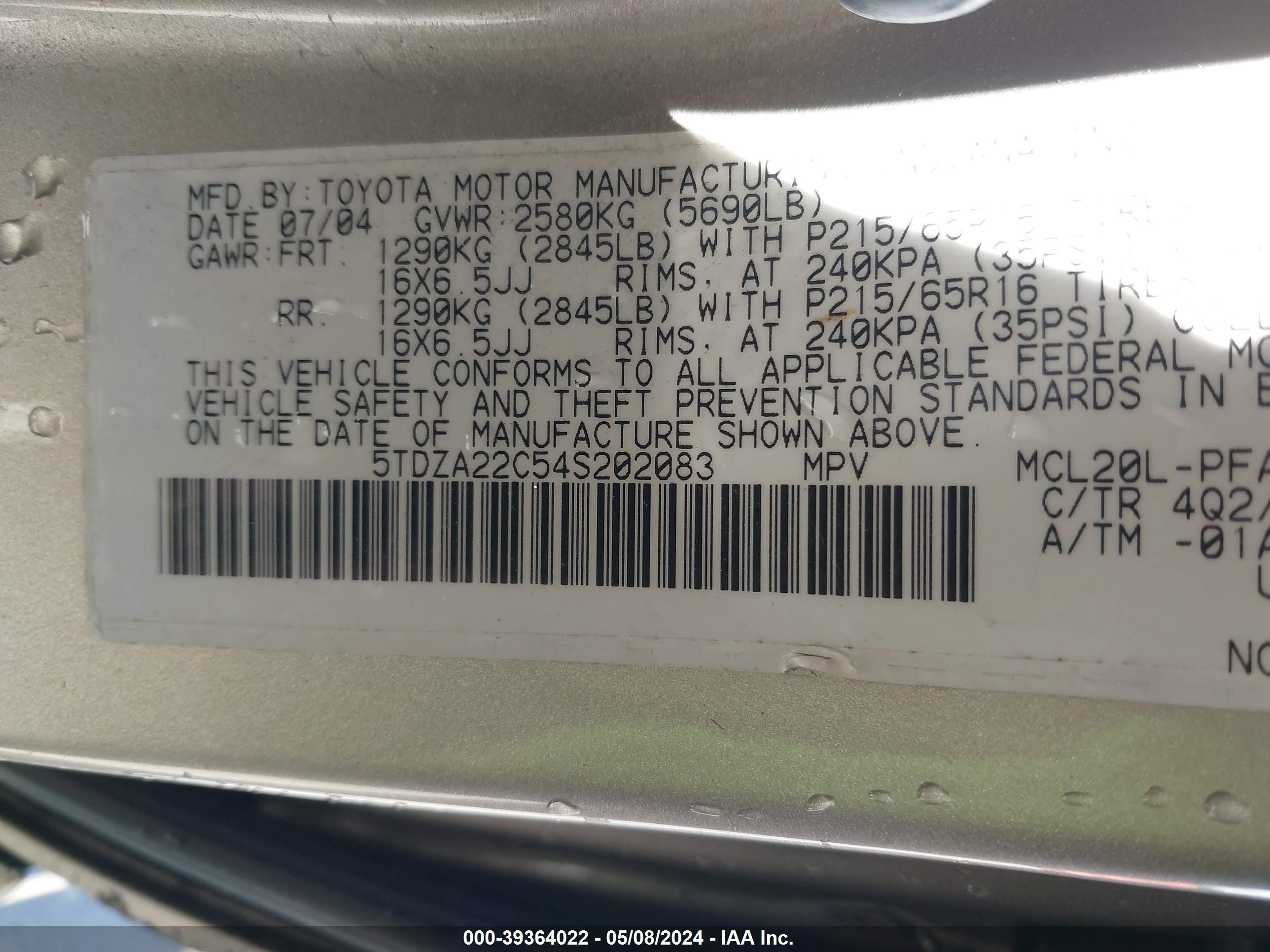 Photo 8 VIN: 5TDZA22C54S202083 - TOYOTA SIENNA 