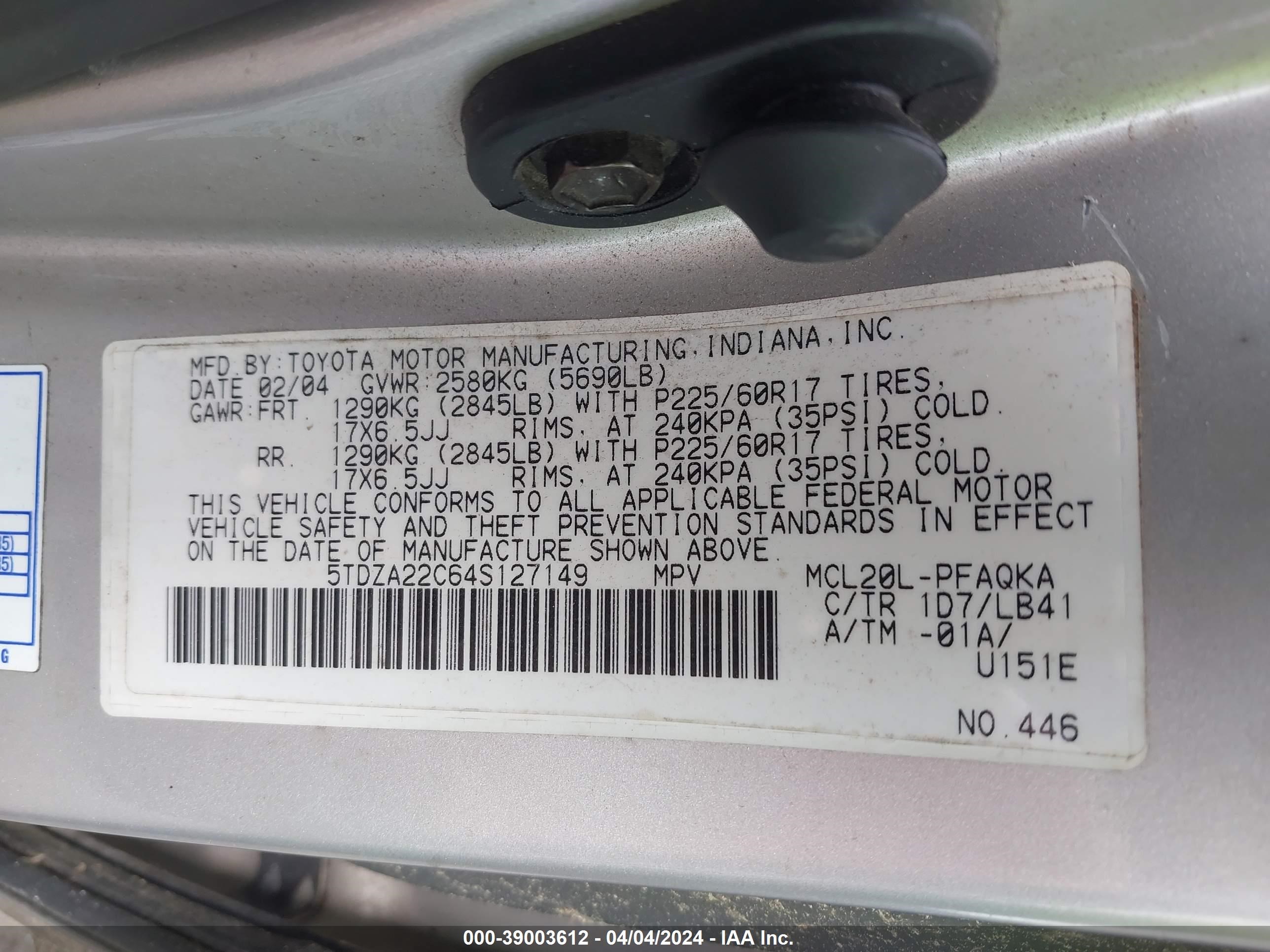 Photo 8 VIN: 5TDZA22C64S127149 - TOYOTA SIENNA 