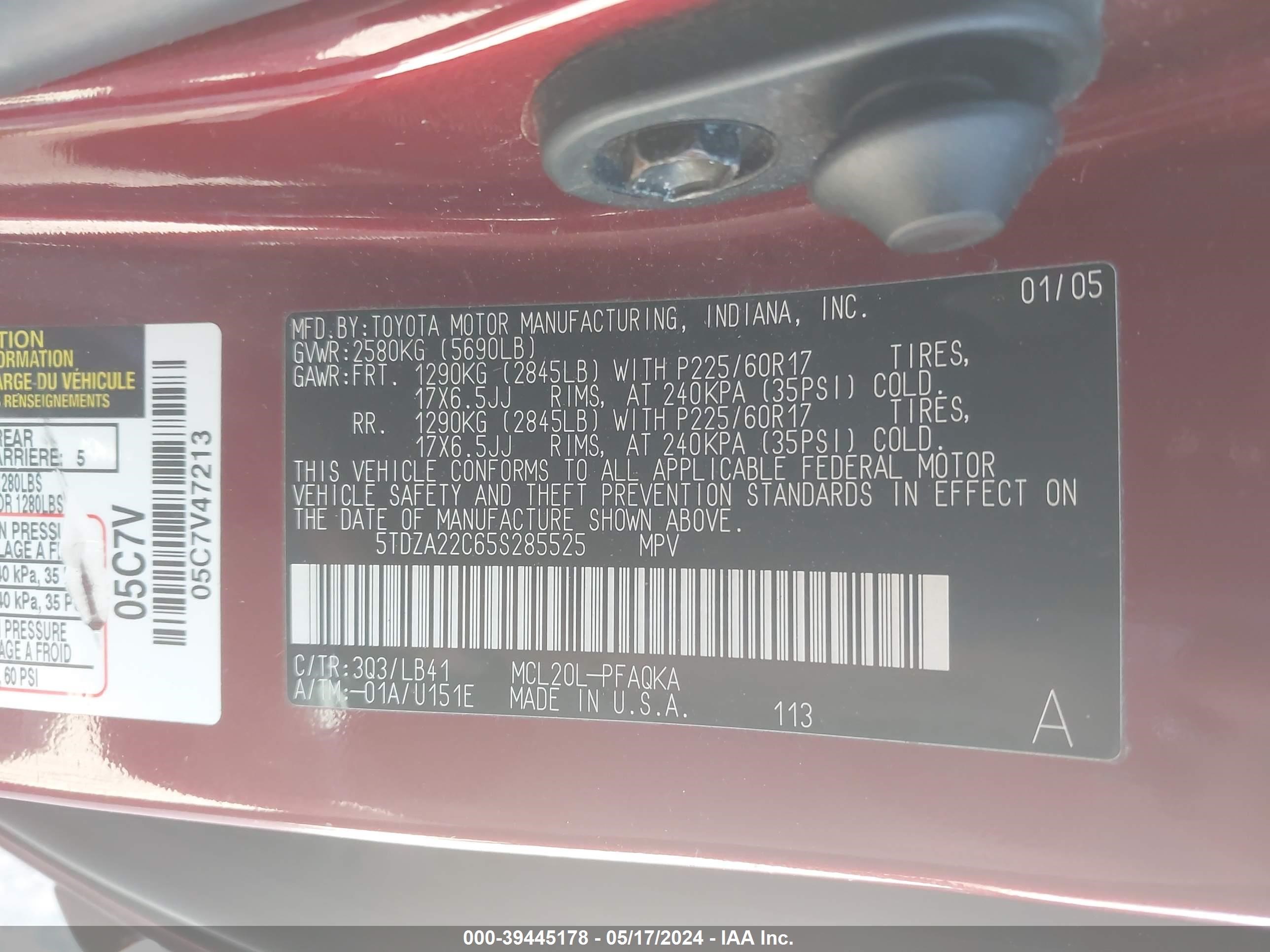 Photo 8 VIN: 5TDZA22C65S285525 - TOYOTA SIENNA 